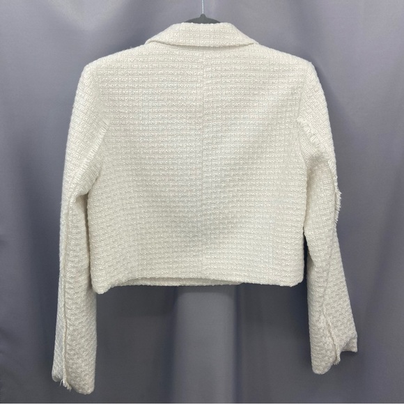 Avec Les Filles White Double Breasted Tweed Textured Crop Blazer Fringe Size Med - Picture 5 of 10